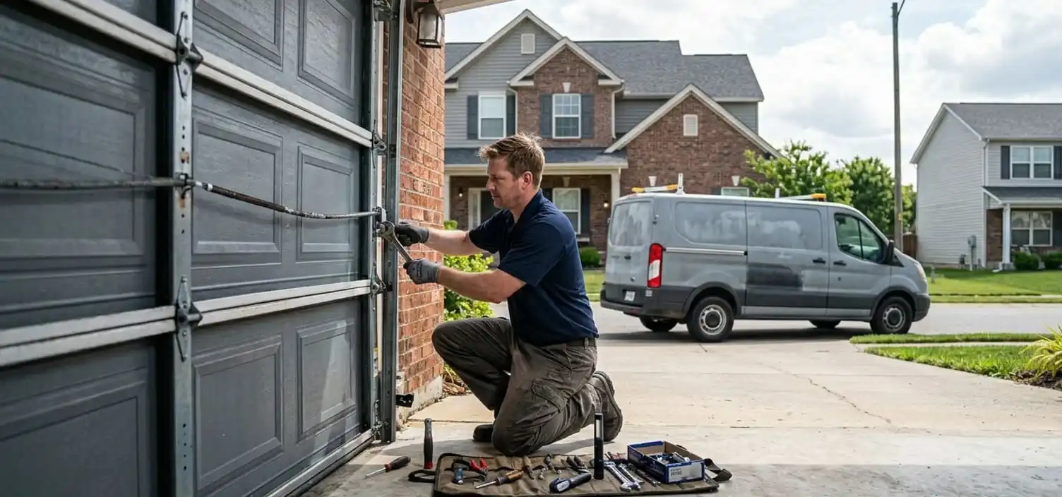 24 hour emergency garage door repair technician responding to a call in Franklin Tennessee at night