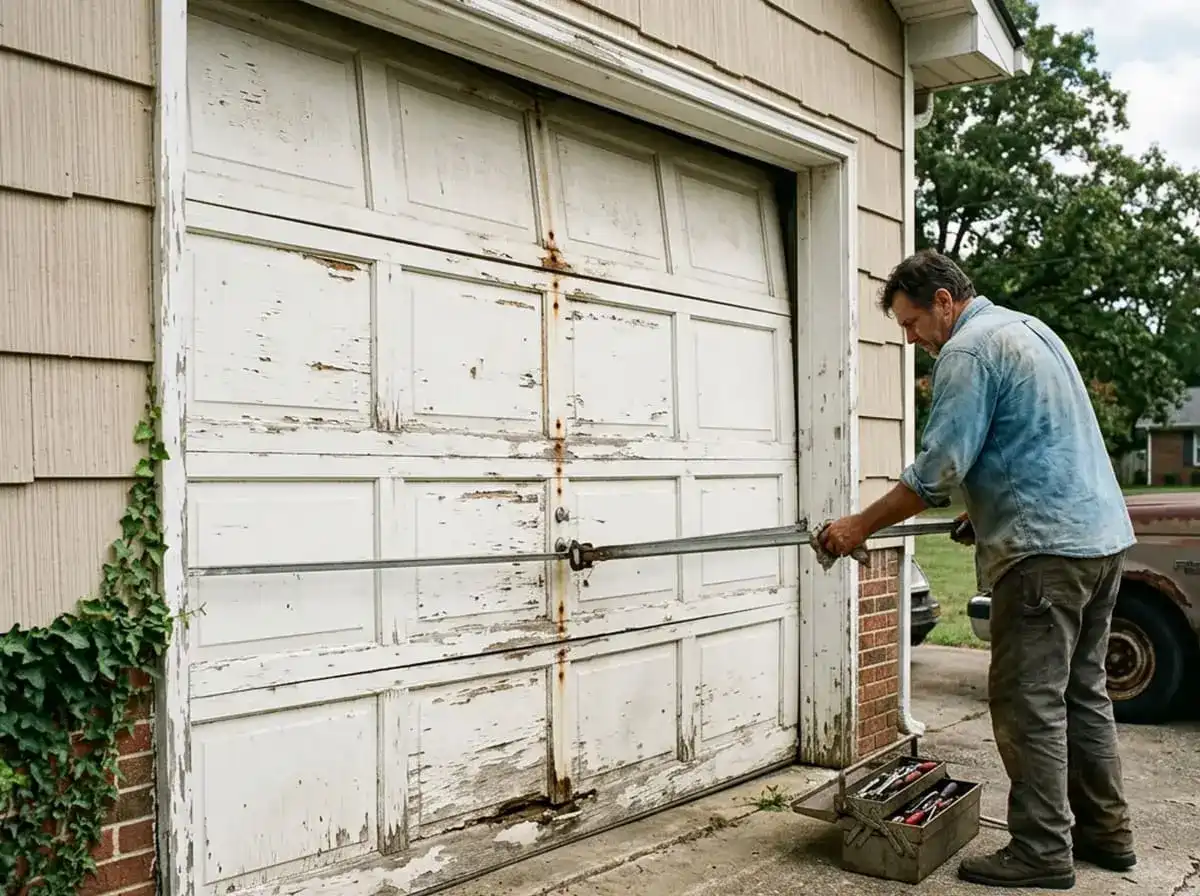 Aging garage door on a Tennessee home showing wear and damage
