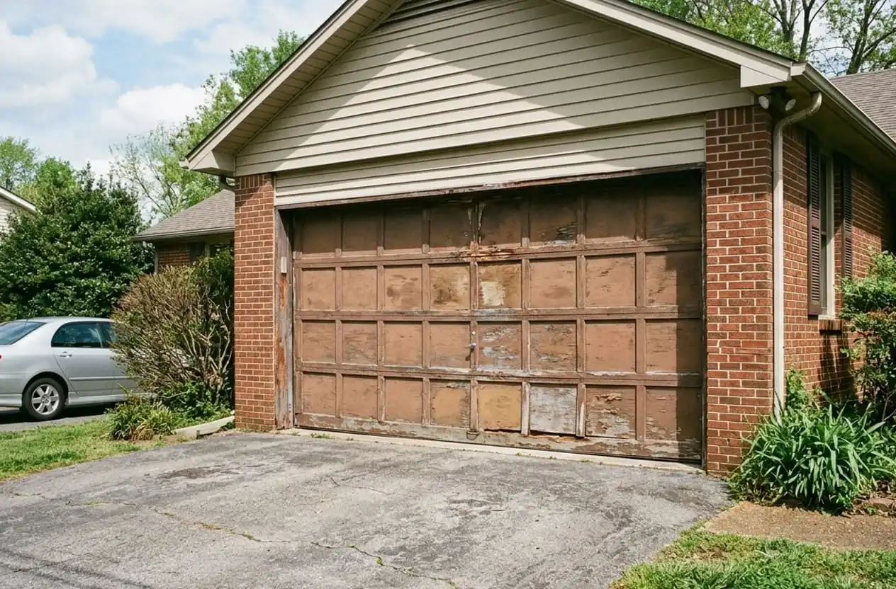 Aging garage door with discontinued parts on a Williamson County, Tennessee home triggering full door replacement