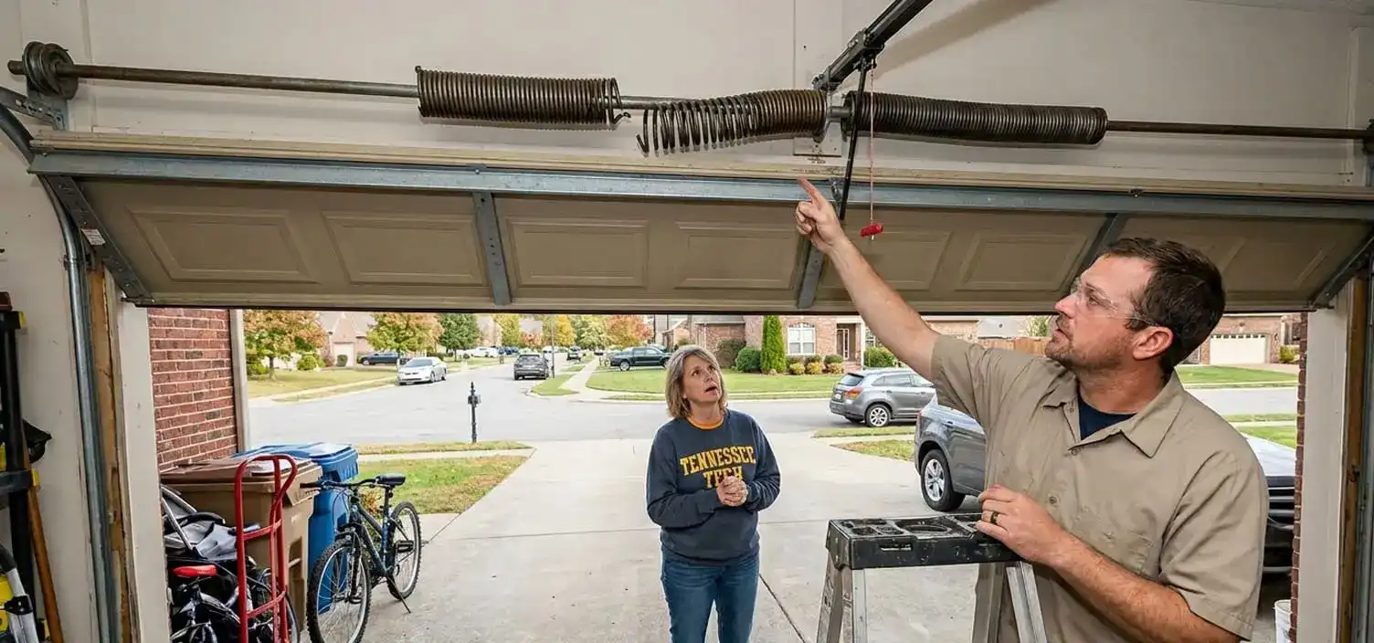Broken torsion spring replacement at a Lebanon Tennessee home — loud bang stopped the door completely in a Wilson County subdivision