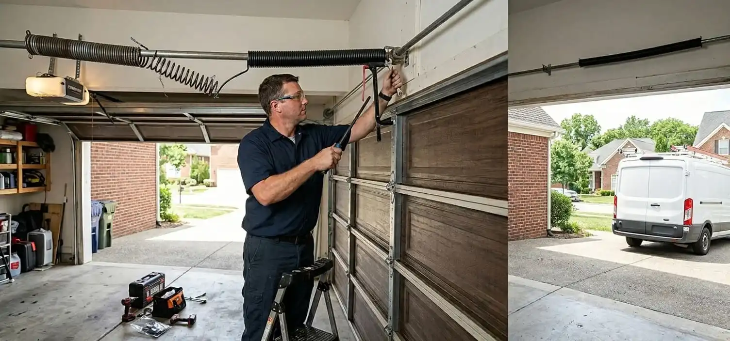 Broken torsion spring replacement at a Nolensville Tennessee home — loud bang stopped the door completely in Bent Creek or Scales Farmstead subdivision