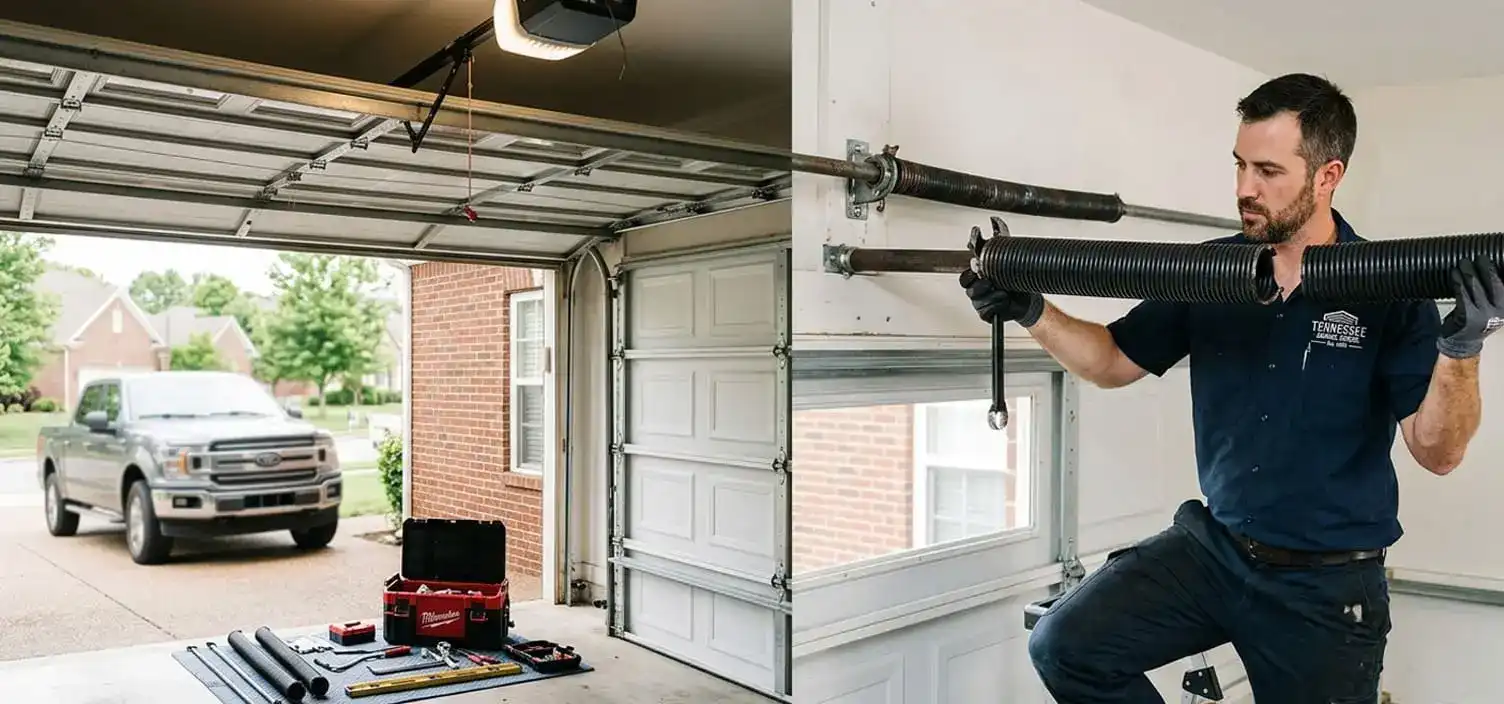 Broken torsion spring replacement on a Brentwood Tennessee residential garage door — most common repair call in Williamson County