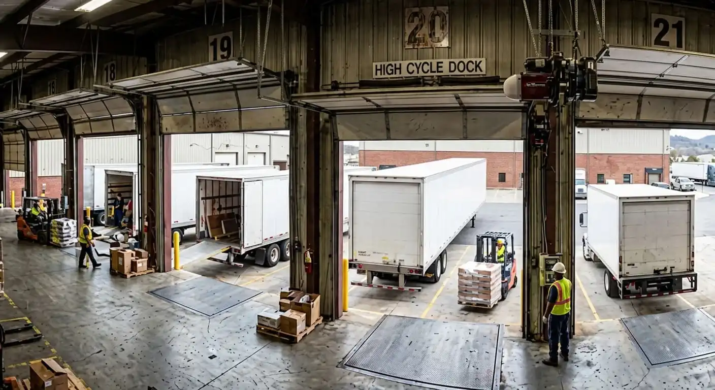 Busy commercial loading dock in Franklin, Tennessee with high-cycle garage door use