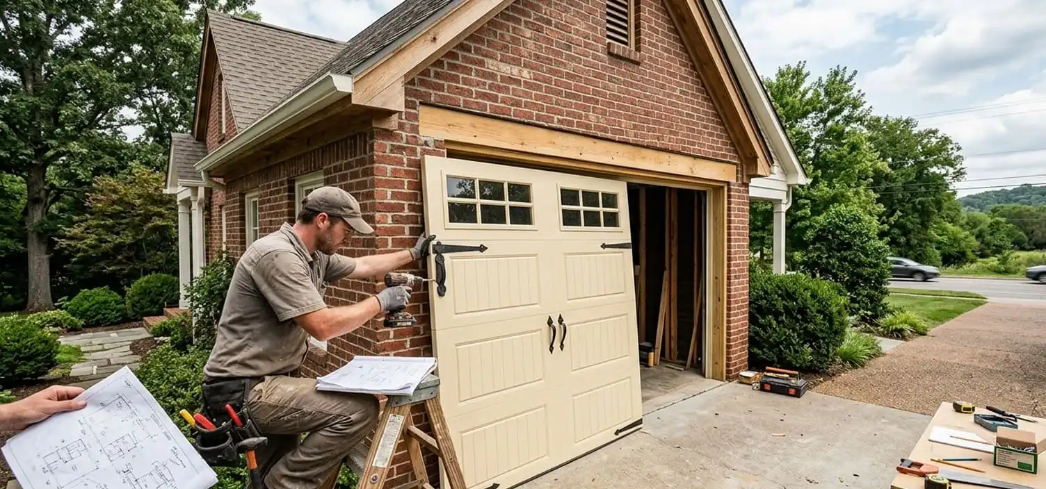 Carriage house style garage door installed on a character home along the Mack Hatcher corridor in Franklin Tennessee