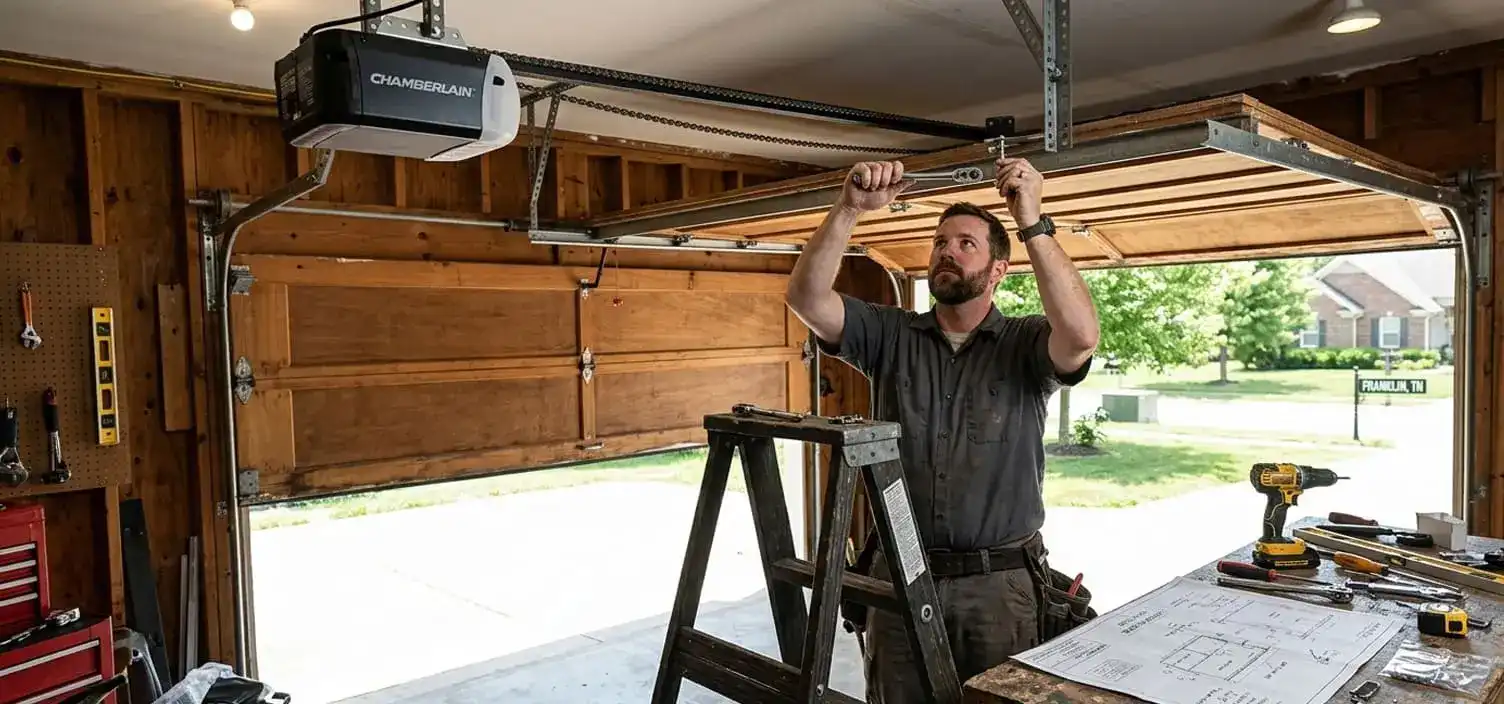 Chain drive garage door opener installed in a detached garage at a Franklin Tennessee home for reliable affordable operation