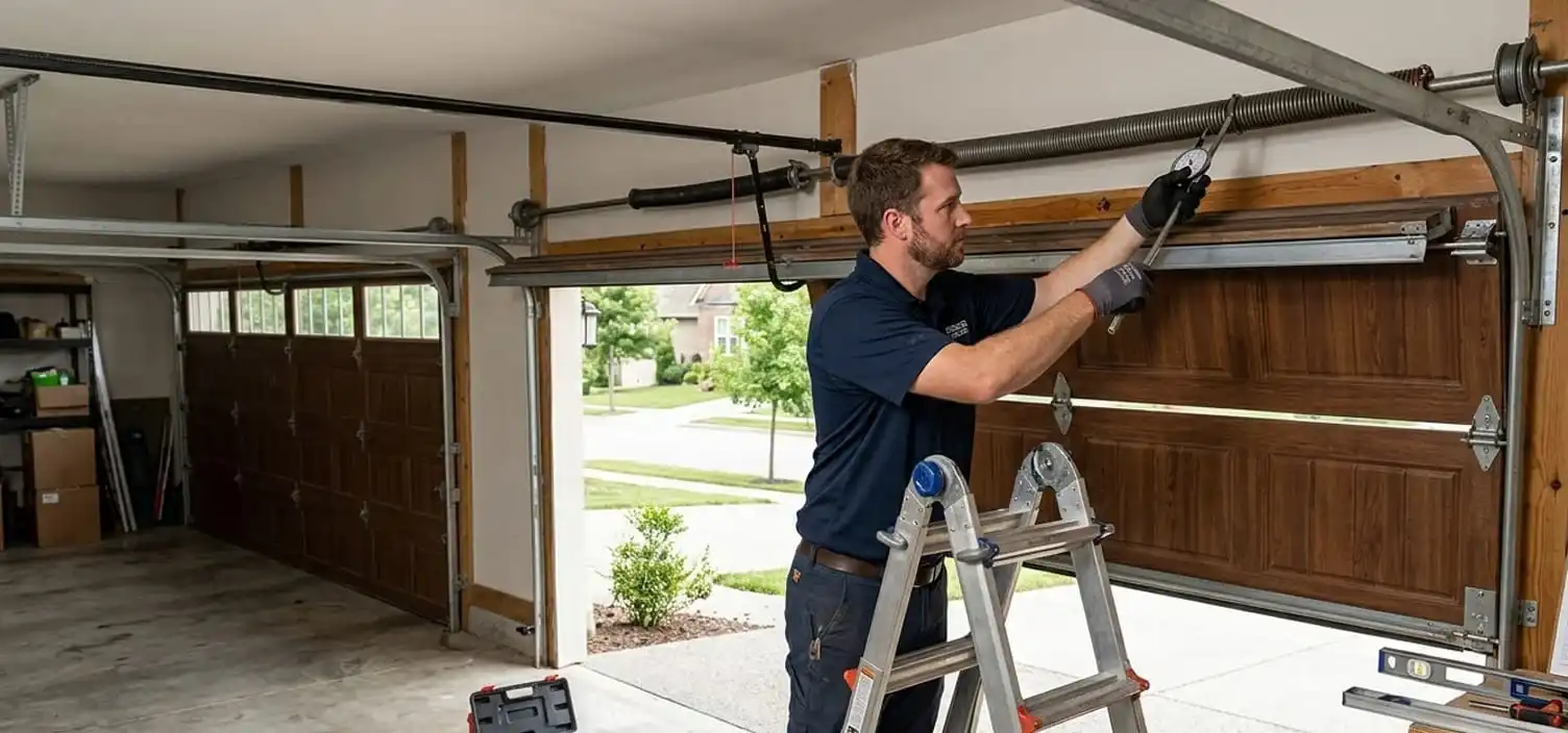 Checking garage door spring tension and balance at a Franklin Tennessee home during a yearly tune-up