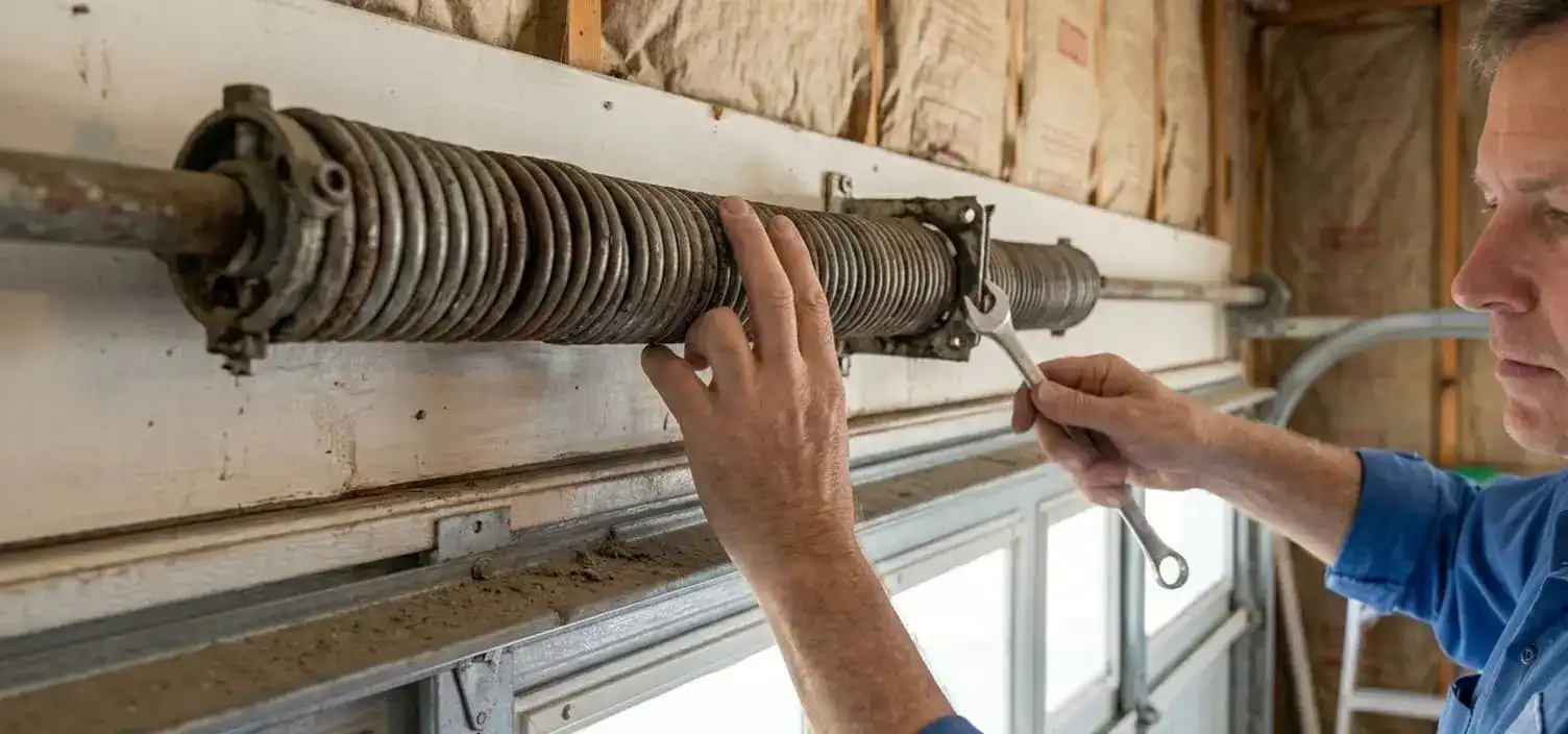 Close-up of a torsion spring above a garage door at a Franklin Tennessee home showing wear from heat cold and years of cycles