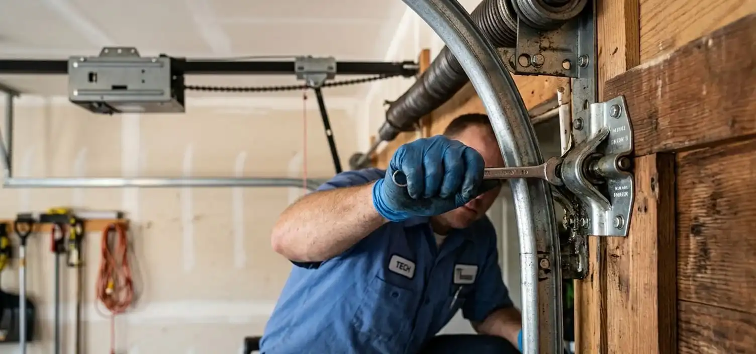 Close-up of garage door hardware at a Franklin Tennessee home being checked during a tune-up visit