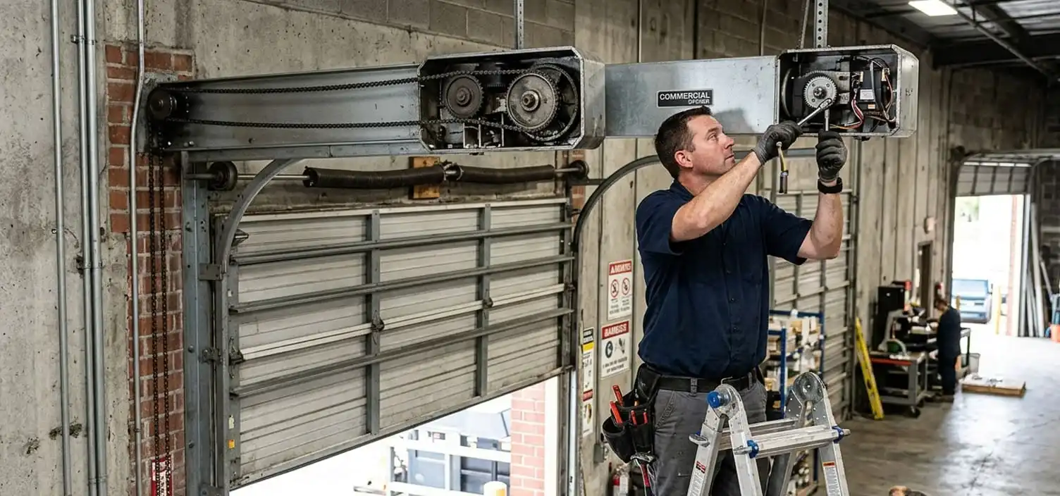 Heavy duty commercial garage door operator being repaired at a Franklin Tennessee business