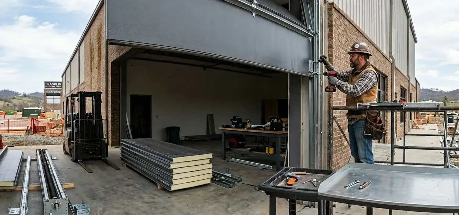 Commercial overhead door installation in progress at a Franklin Tennessee business facility with full site assessment completed