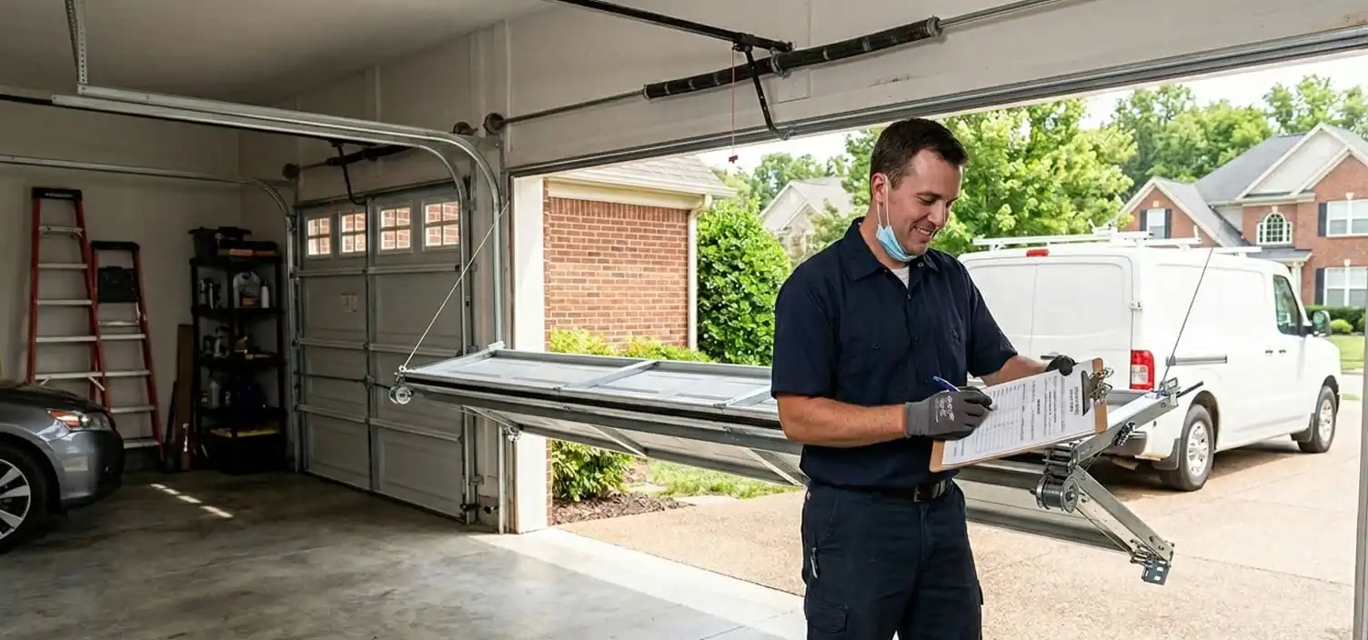 Garage door cable repair technician replacing snapped lift cables at a Franklin Tennessee home in Williamson County