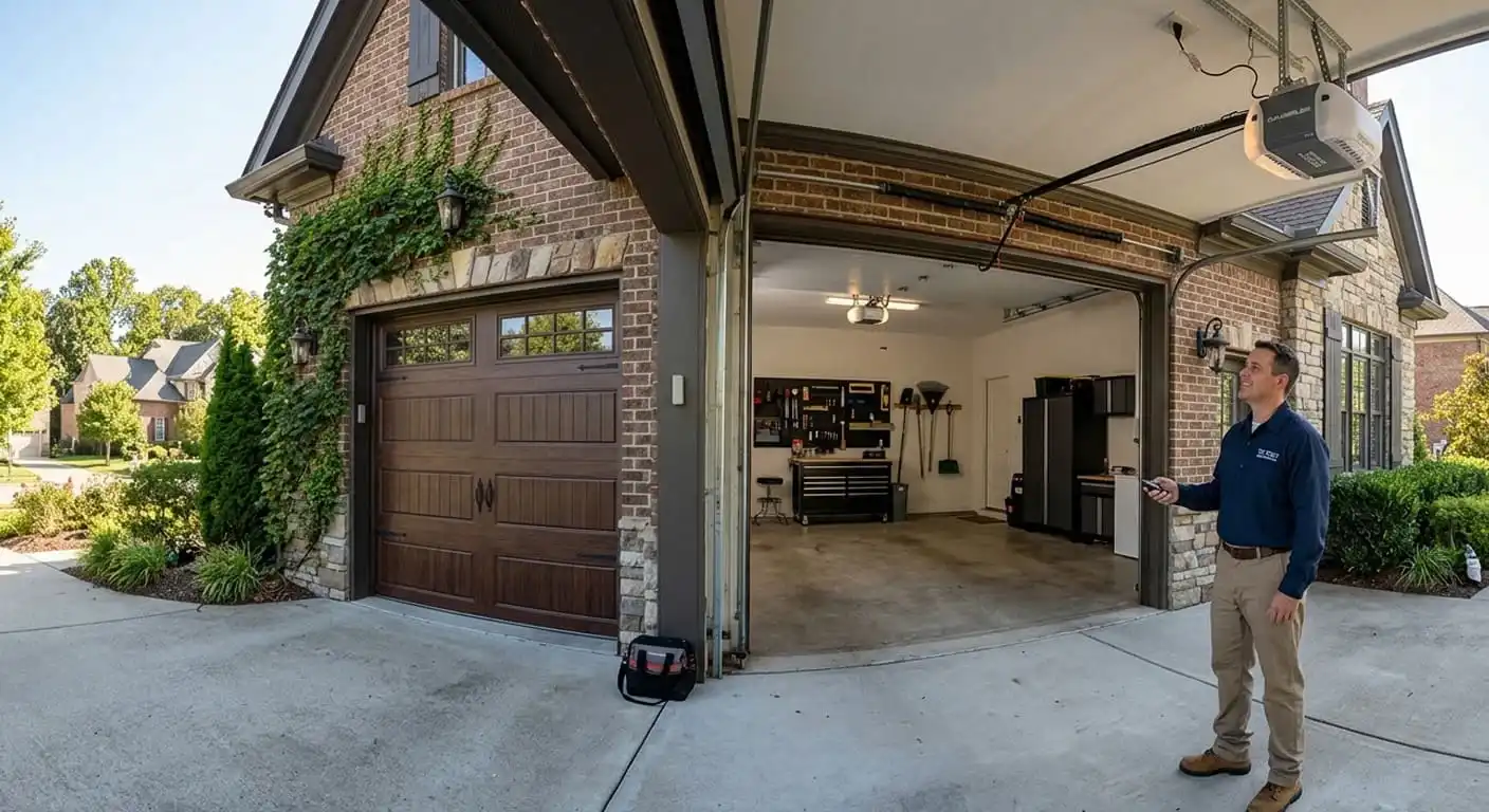 Garage door maintenance technician at a Franklin Tennessee home in Williamson County performing a yearly tune-up