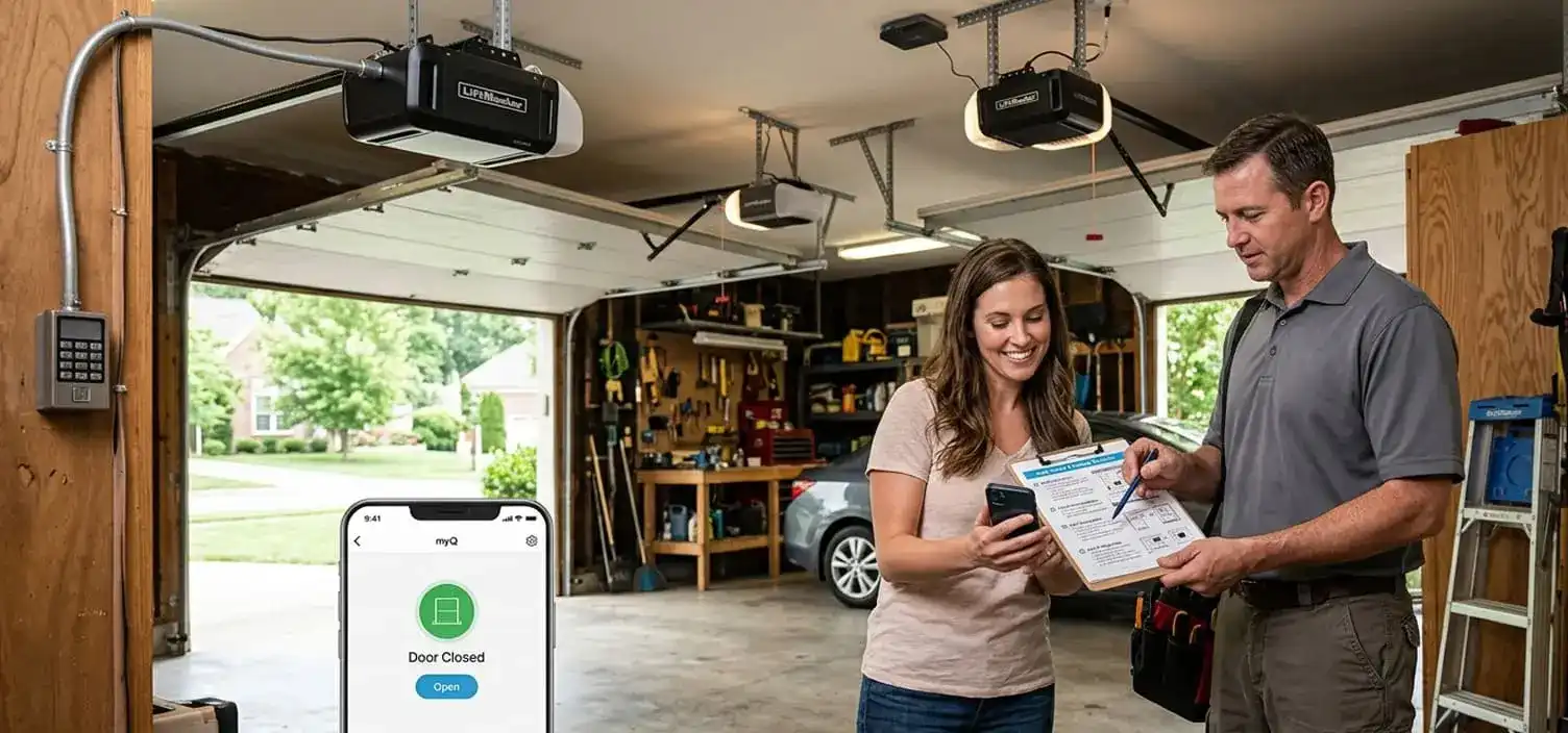 Completed garage door opener installation with smart myQ app setup tested on the homeowners phone at a Franklin Tennessee residence