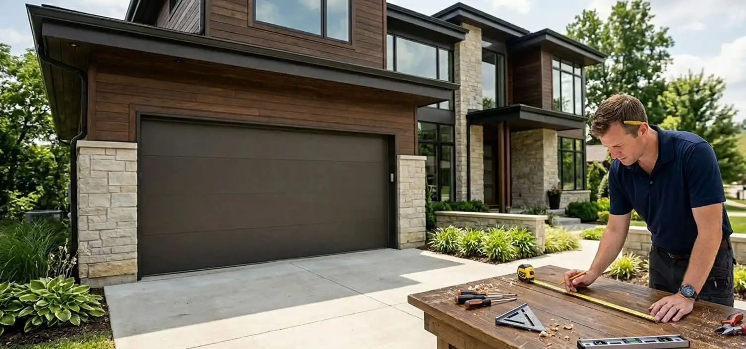 Contemporary home with vertical slatted wood garage door — Franklin Tennessee installation