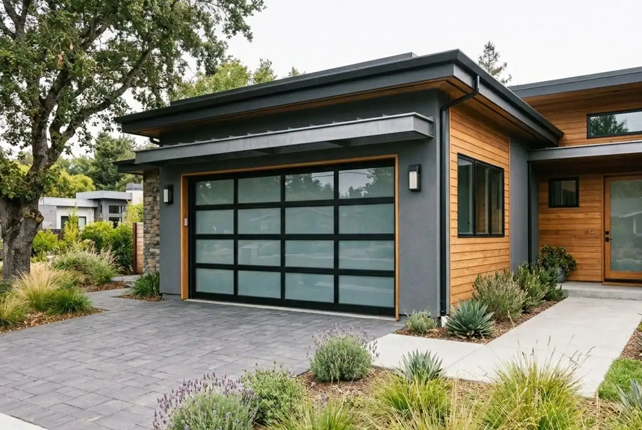 Contemporary full-view aluminum glass garage door on modern home