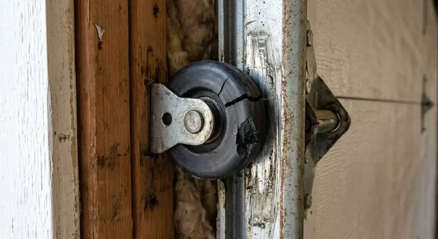 Cracked or chipped garage door roller wheel at a Franklin Tennessee home showing visible wear in the track