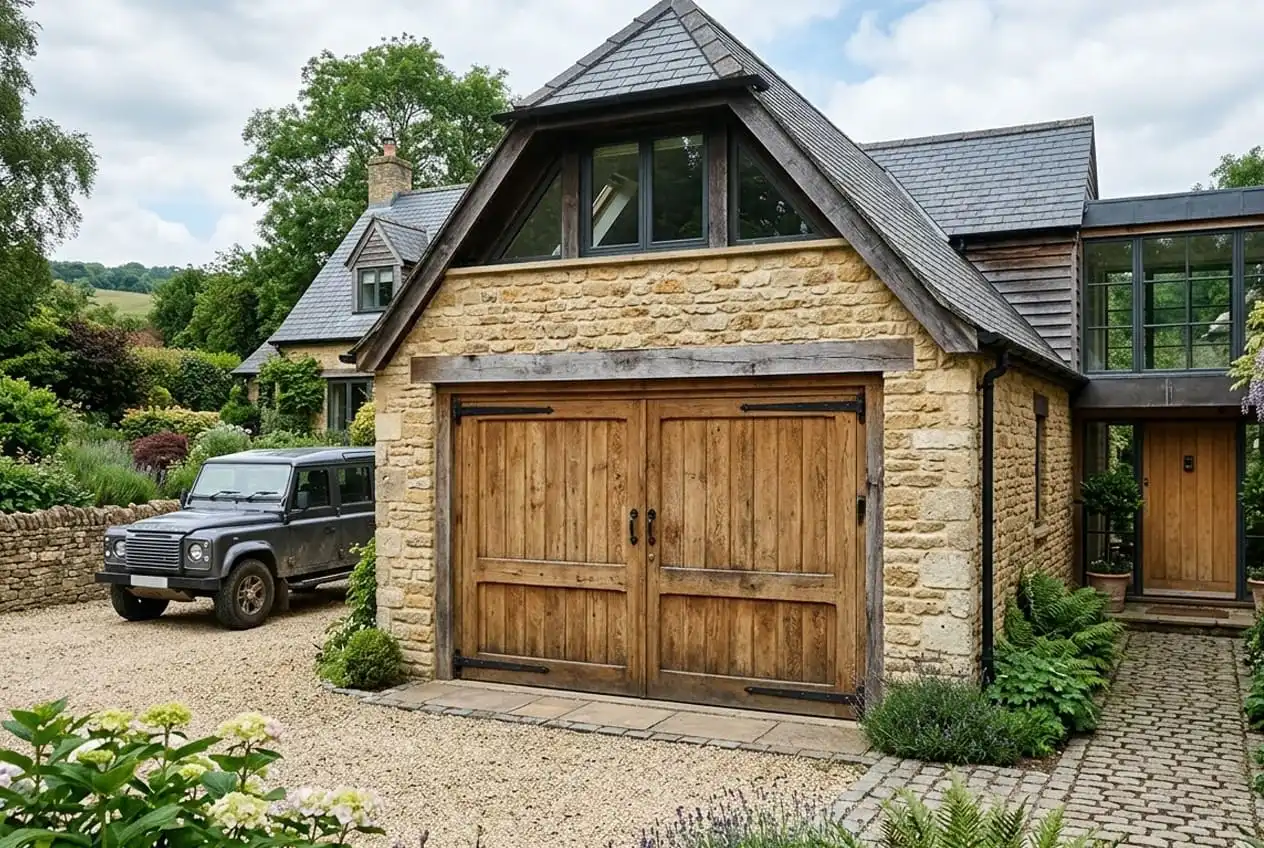 Custom made-to-measure garage door on a unique property