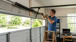 Man attempting DIY garage door spring repair in Franklin TN using a winding bar on a torsion spring