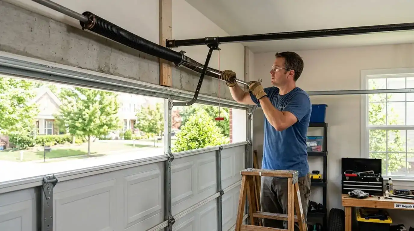 Man attempting DIY garage door spring repair in Franklin TN using a winding bar on a torsion spring