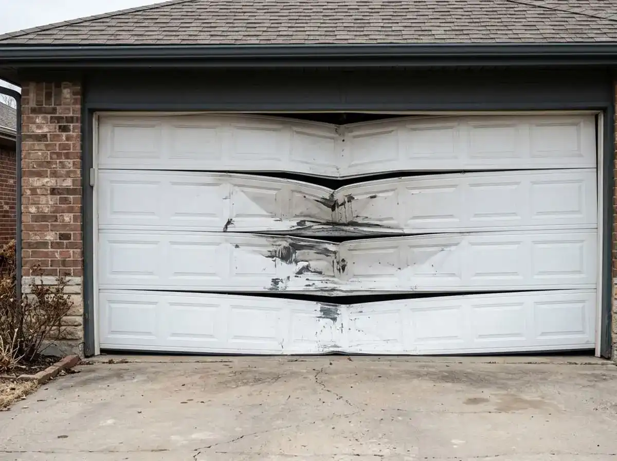 Dented and structurally damaged garage door panels requiring replacement