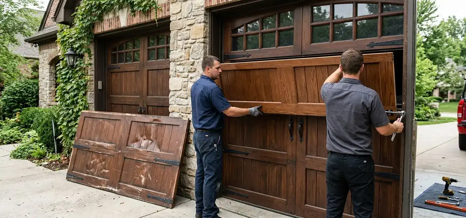 Dented garage door panel being replaced on a carriage house style door in Franklin Tennessee