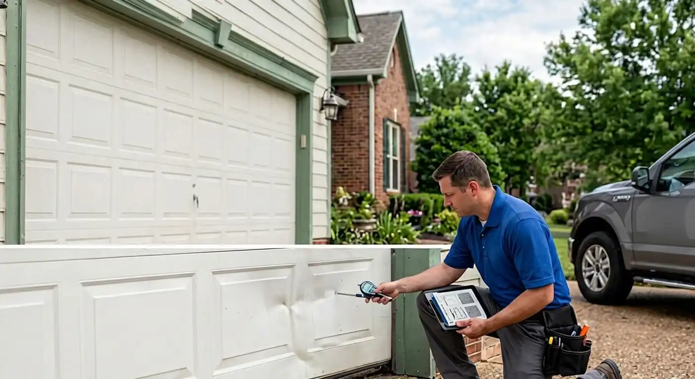 Garage door panel replacement technician assessing a dented residential garage door panel in Franklin Tennessee