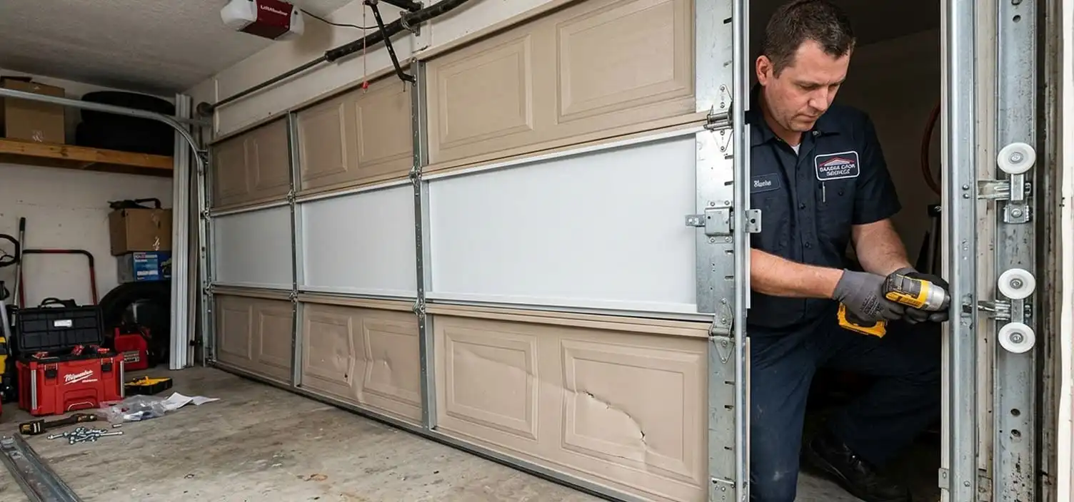 Dented garage door panel replacement and roller service in Smyrna TN