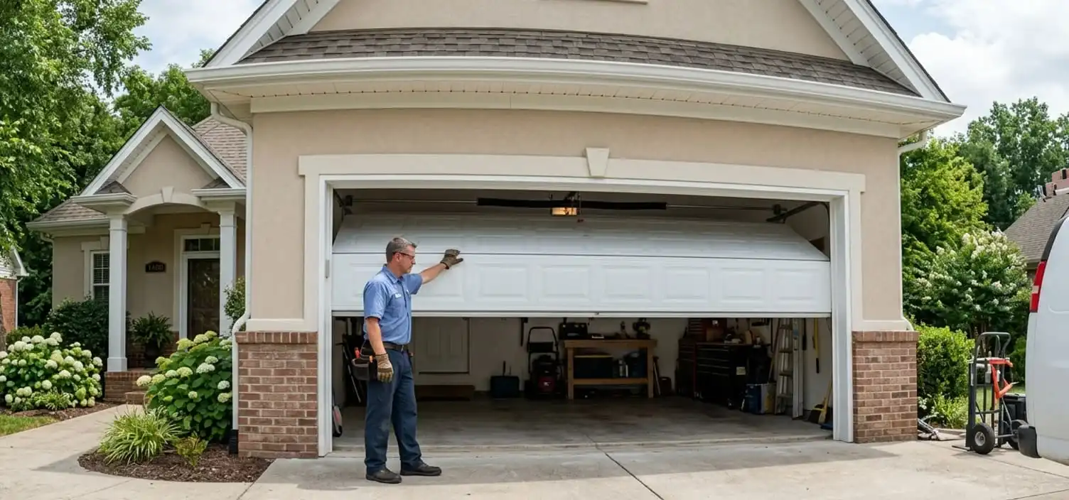 Double-car residential garage door at a Williamson County Tennessee home with matched replacement panels and a completed balance test