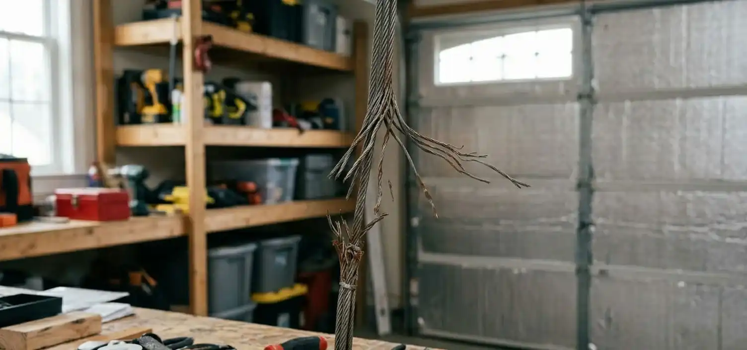 Frayed garage door cable with individual wire strands visible at a Franklin Tennessee home — cable close to failure