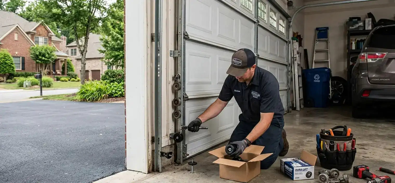 Full set of garage door rollers being replaced together at a Franklin Tennessee home in Westhaven or Fieldstone Farms
