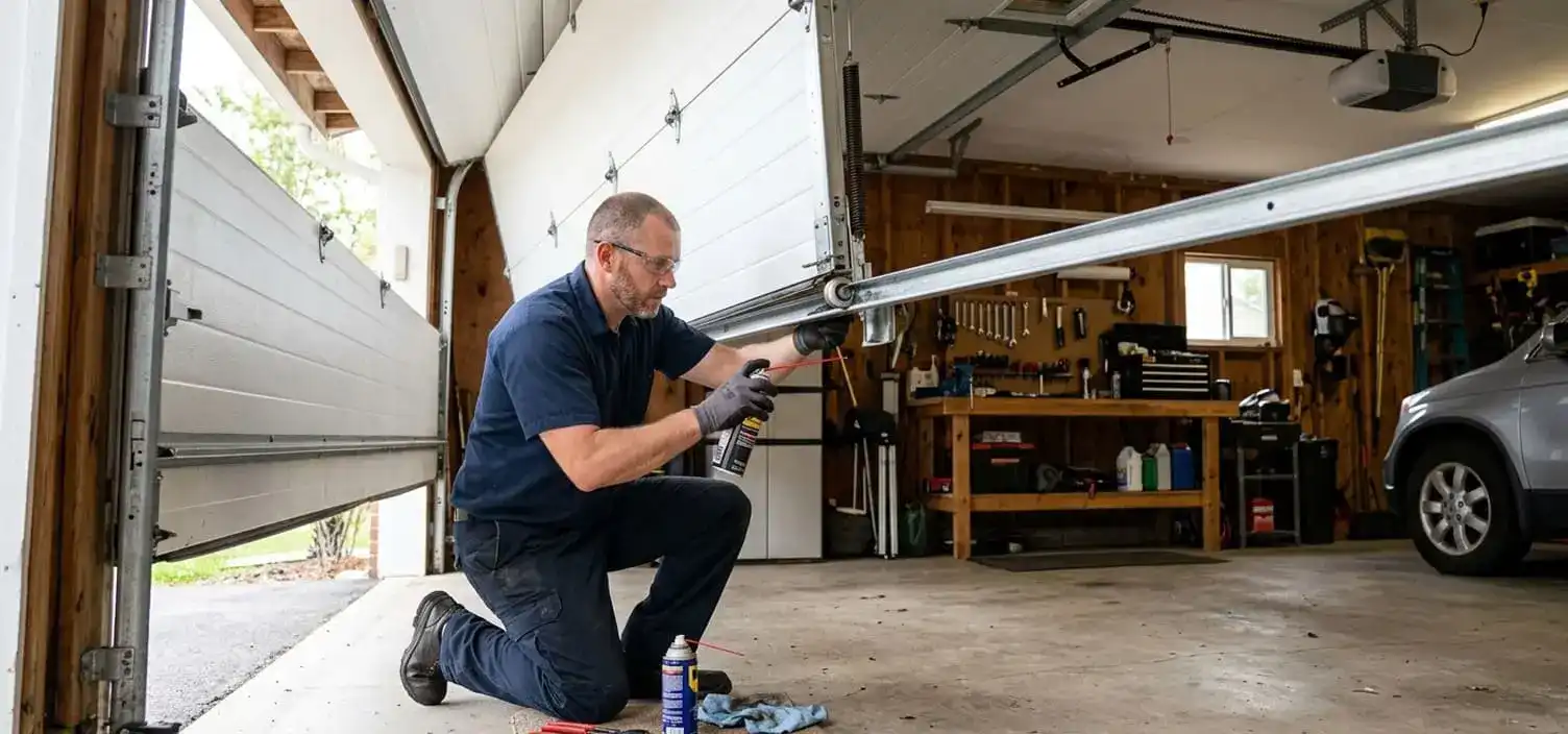 Technician lubricating garage door rollers and hardware during a maintenance visit in Franklin Tennessee