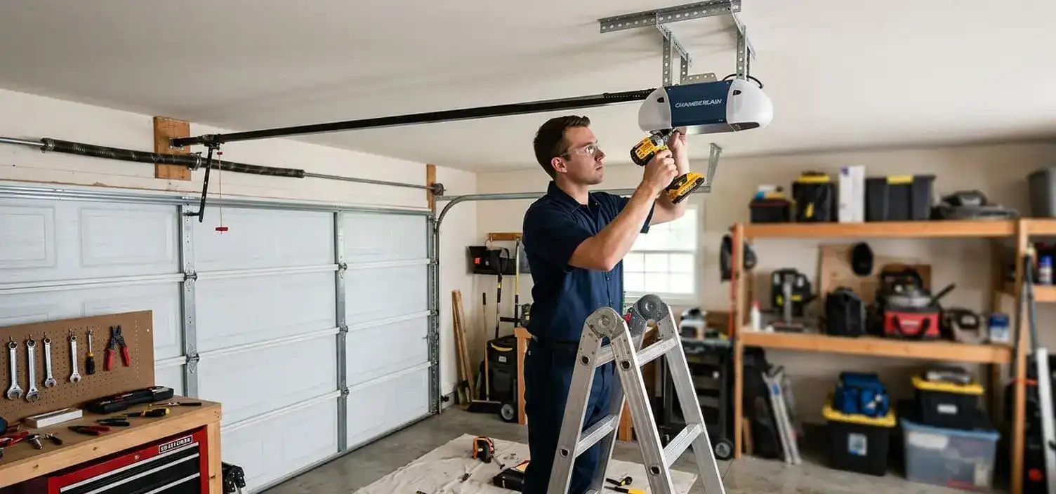 New belt drive smart garage door opener being installed in a Franklin Tennessee garage