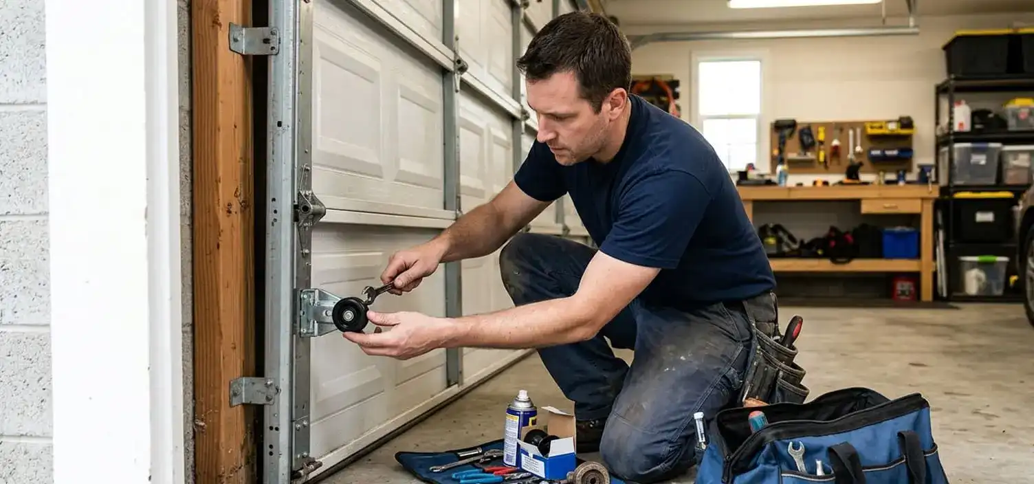 Worn garage door roller being replaced inside the track of a Franklin Tennessee home