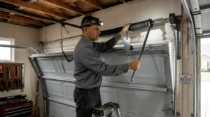Garage door technicians replacing a broken torsion spring during a residential garage door repair service in Murfreesboro, TN.