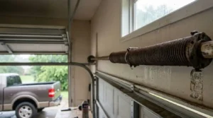 Worn garage door torsion spring showing signs of rust and aging, illustrating the typical garage door spring lifespan in Tennessee.