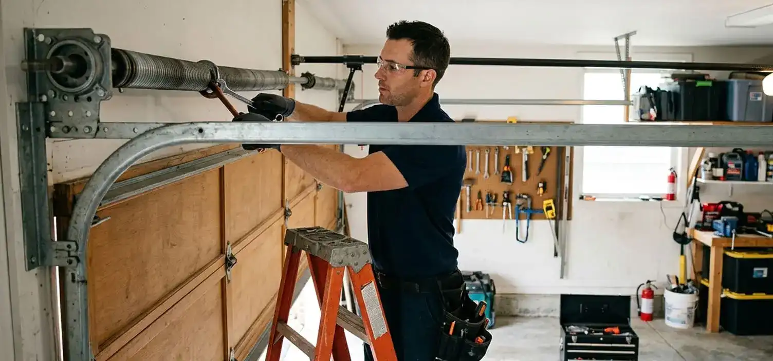 Broken torsion spring above garage door being replaced in a Franklin Tennessee home