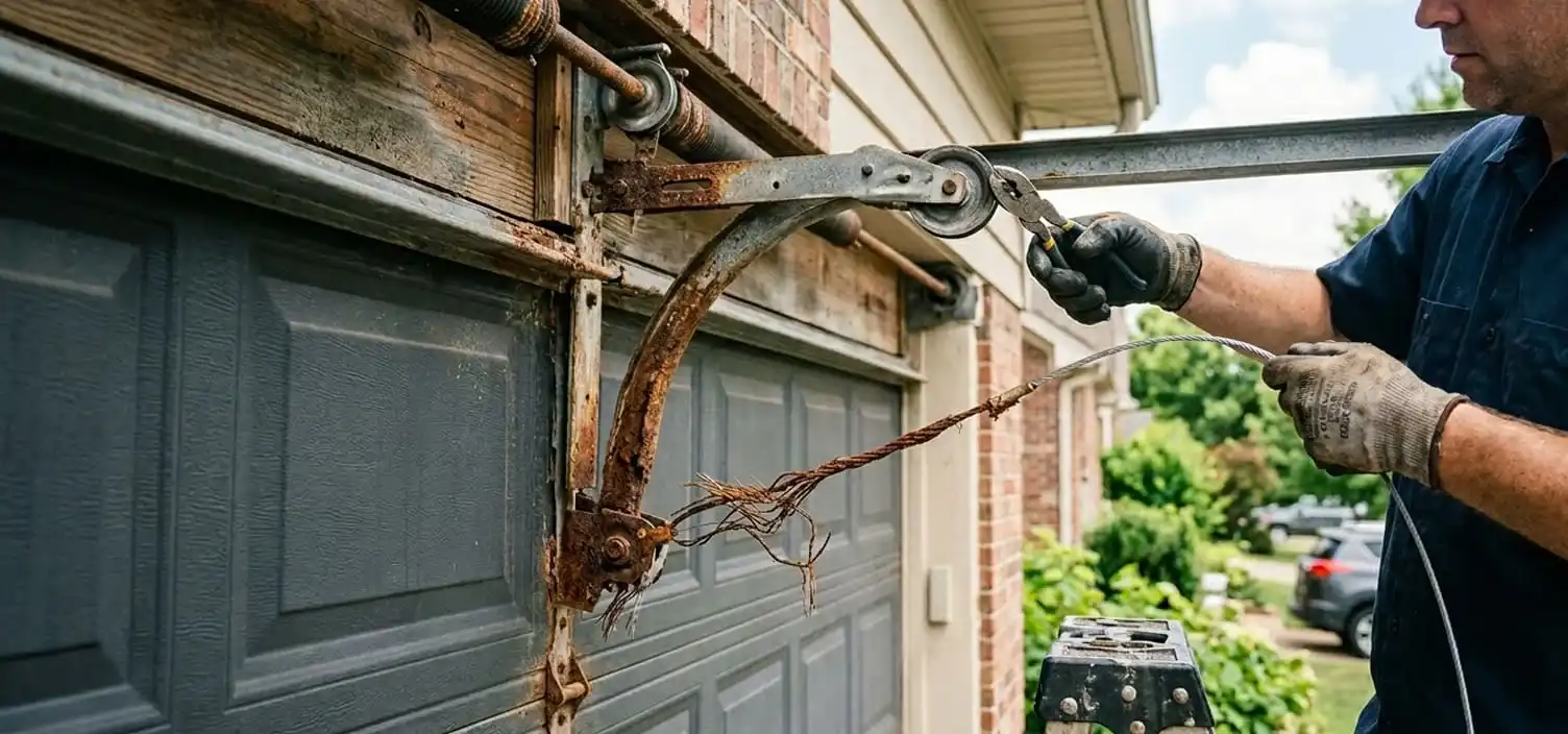 Garage door cable corrosion and fraying repair at a Nolensville Tennessee home — summer humidity accelerates cable wear in Williamson County