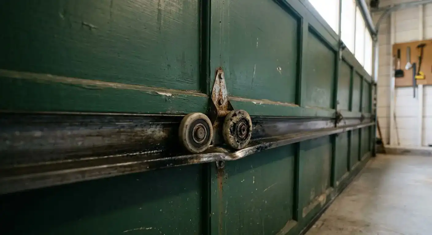 Garage door hesitating and jumping at the same spot in the track at a Franklin Tennessee home due to worn rollers