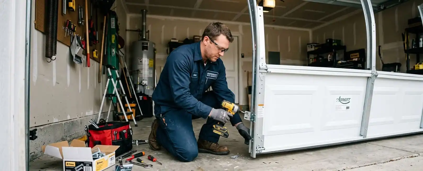 Garage door installation in progress — professional technician fitting hardware