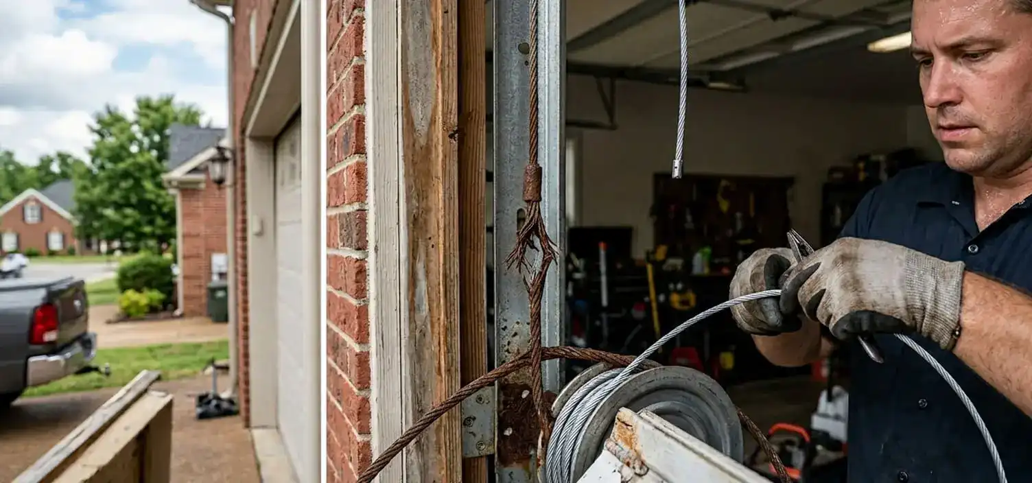 Garage door lift cable fraying and corrosion repair at a Lebanon Tennessee home — Tennessee humidity accelerates cable wear in Wilson County