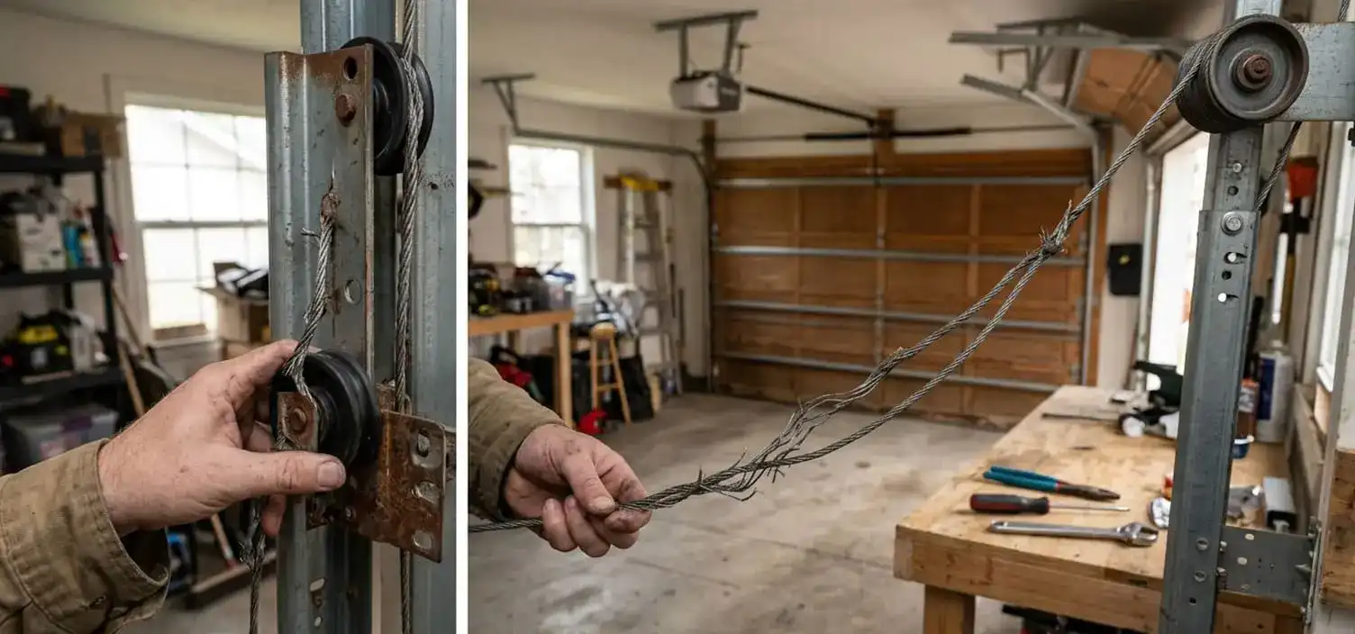 Garage door lift cable repair and replacement — frayed cable in La Vergne home