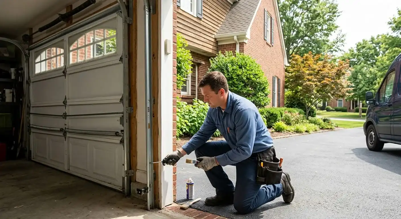 Garage door maintenance technician completing a yearly tune-up checklist at a Franklin Tennessee home in Williamson County