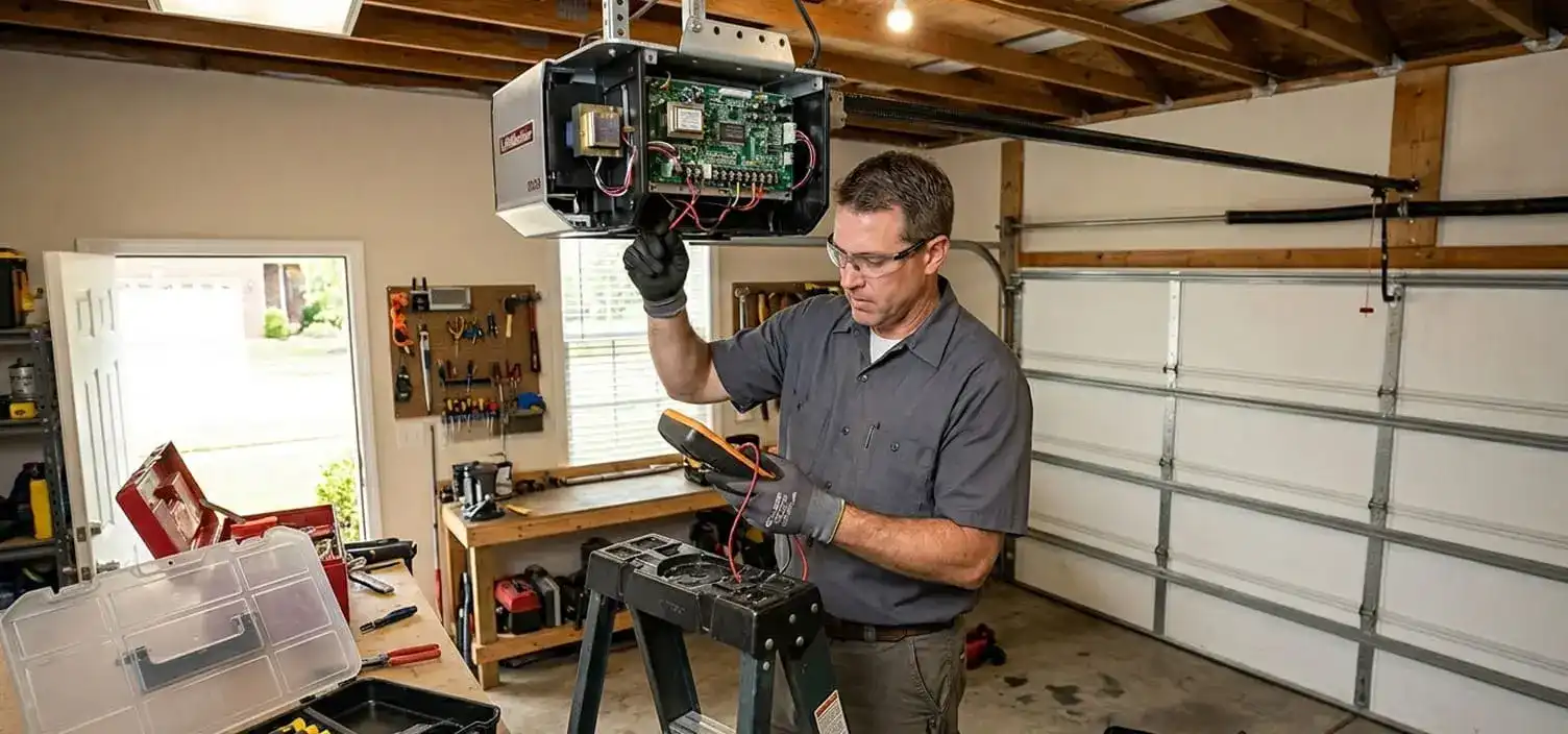 Garage door opener completely silent and unresponsive at a Franklin Tennessee home — logic board or power connection diagnosis