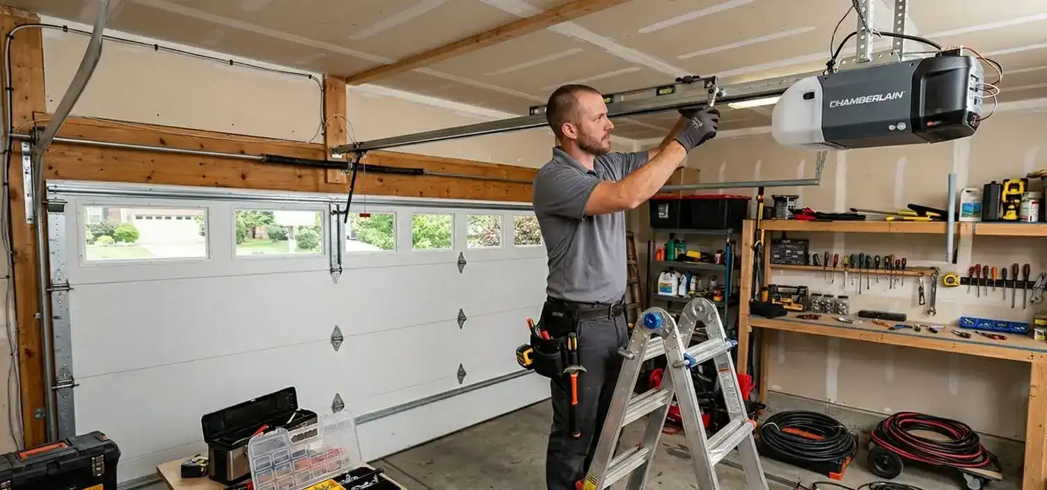 Garage door opener rail and motor unit installed and aligned at a Franklin Tennessee home in Williamson County