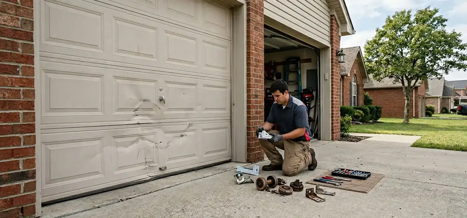 Garage door panel replacement and roller service at a Lebanon Tennessee property — cracked rollers and dented panels in Wilson County homes