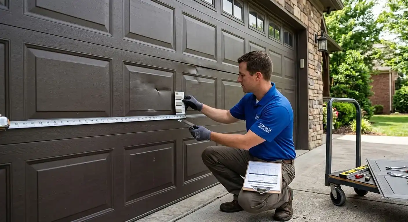 Garage door panel replacement process showing measurement and profile identification for a Franklin TN residential door