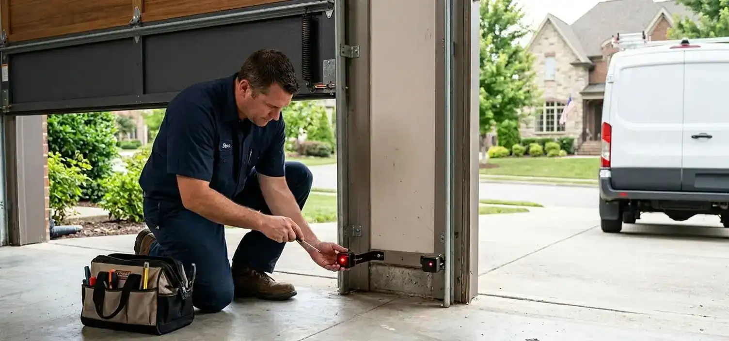 Garage door photo eye safety sensor alignment repair in Brentwood TN
