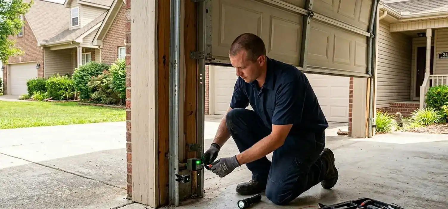 Garage door photo eye safety sensor alignment repair in Lebanon TN — door reversing or refusing to close fixed quickly at Wilson County residential property
