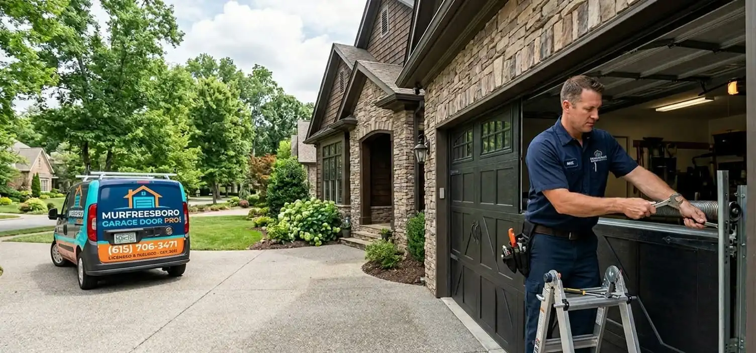 Garage door repair technician at a Brentwood Tennessee home