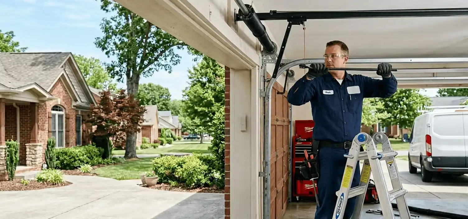 Garage door repair technician performing spring replacement at an Antioch Tennessee home in Davidson County